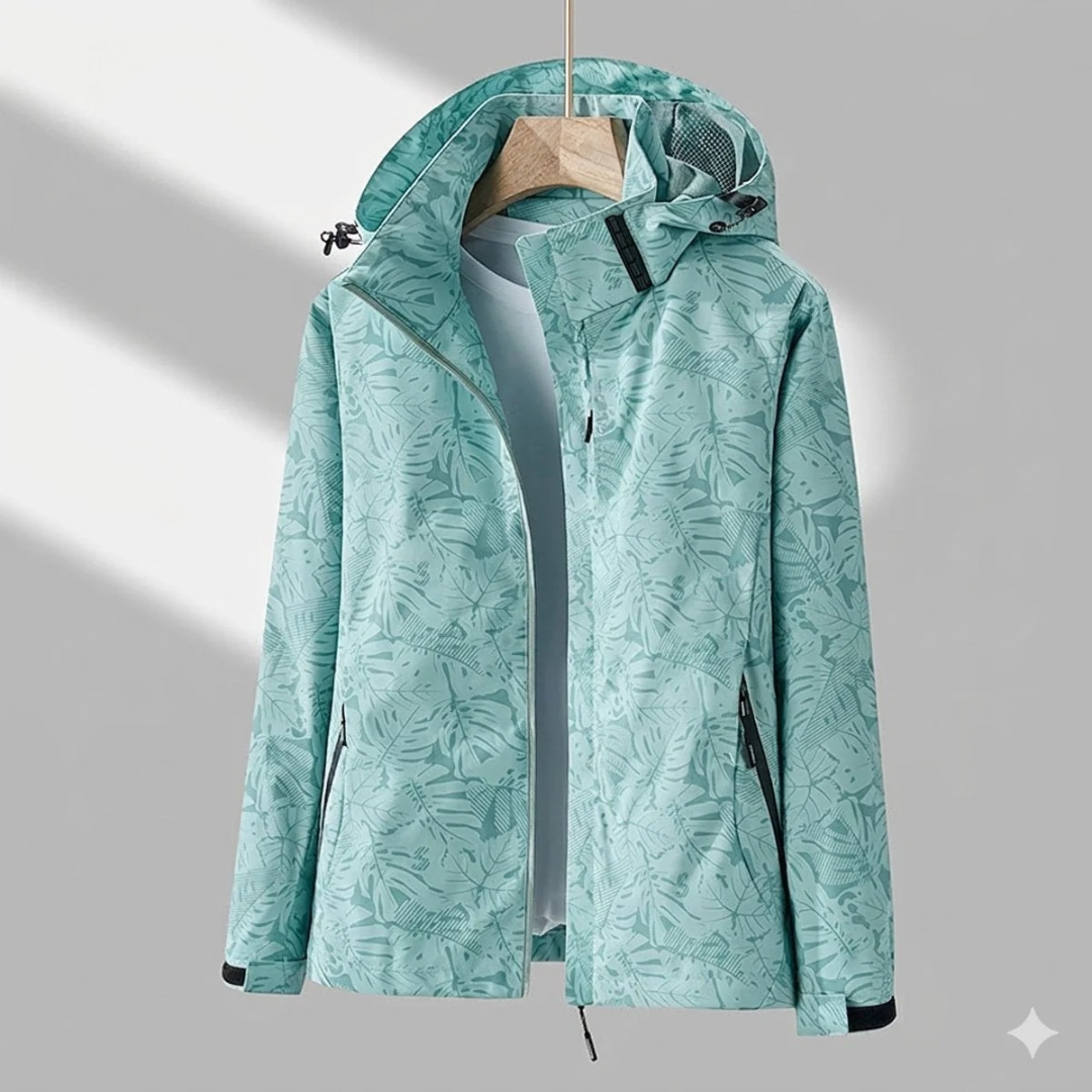 Miriam | Damen Wasserdichte Regenjacke mit Kapuze, Langer Schnitt und Muster Optik