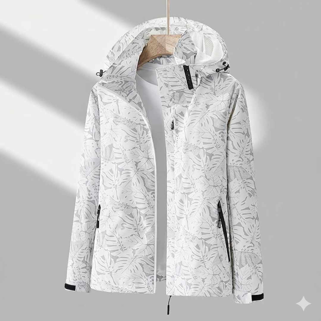 Miriam | Damen Wasserdichte Regenjacke mit Kapuze, Langer Schnitt und Muster Optik