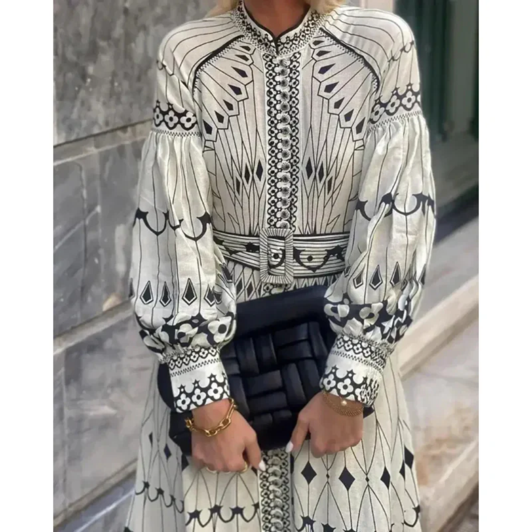 Monica | Damen Beiges Sommerkleid Midi Boho Print Modern