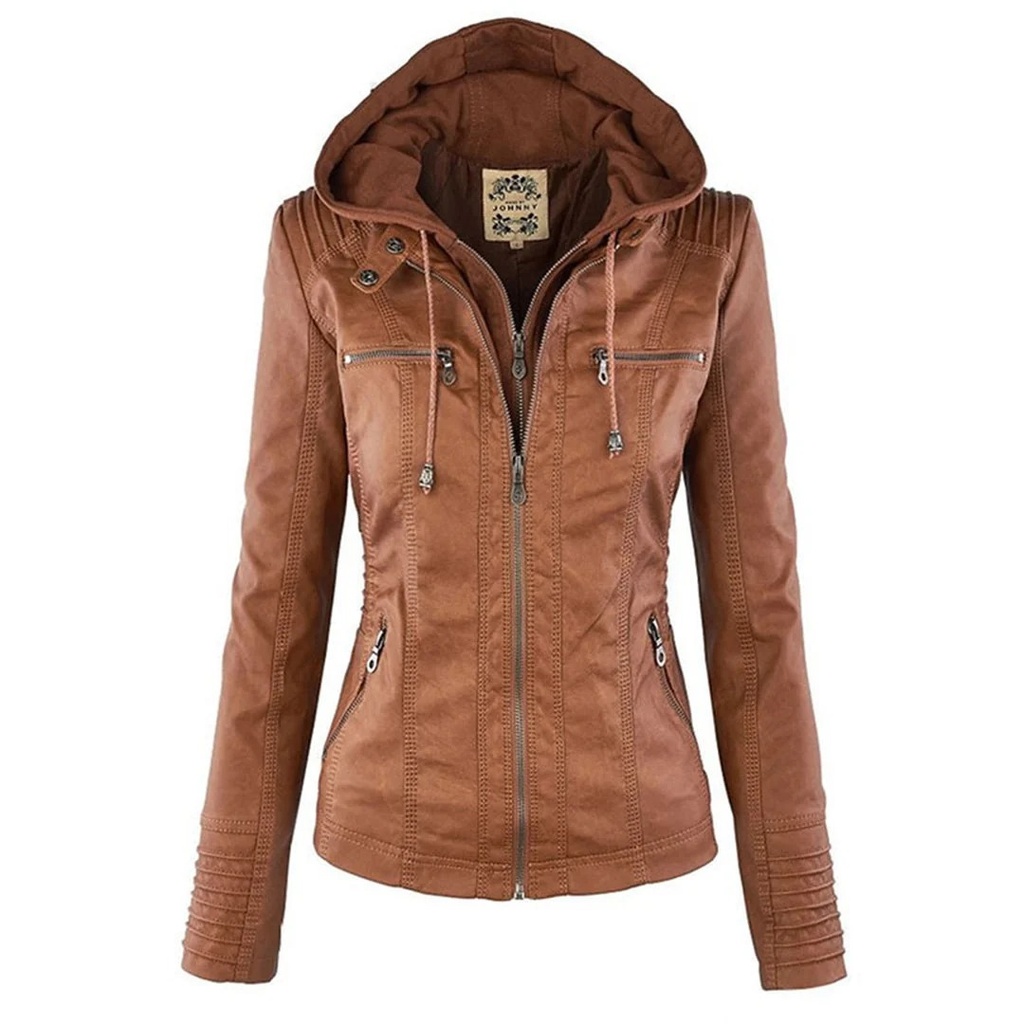 Monika | Damen Lederjacke mit Kapuze aus Kunstleder
