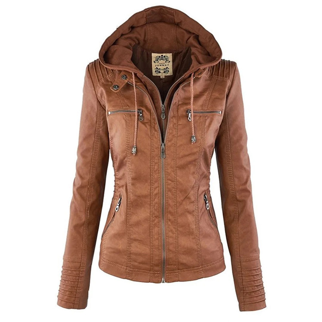 Monika | Damen Lederjacke mit Kapuze aus Kunstleder