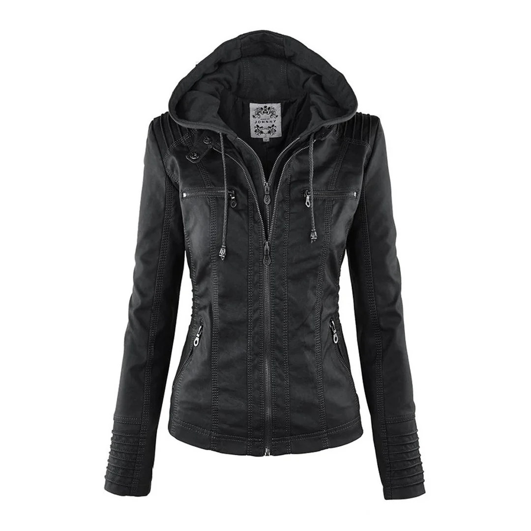 Monika | Damen Lederjacke mit Kapuze aus Kunstleder