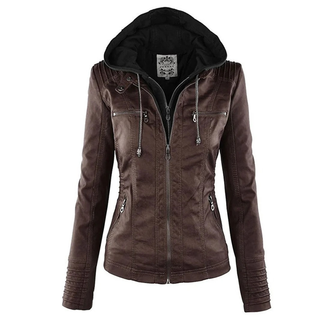 Monika | Damen Lederjacke mit Kapuze aus Kunstleder