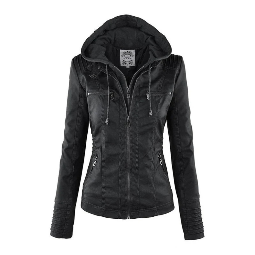 Nadine | Damen Kunstleder Bikerjacke mit Kapuze
