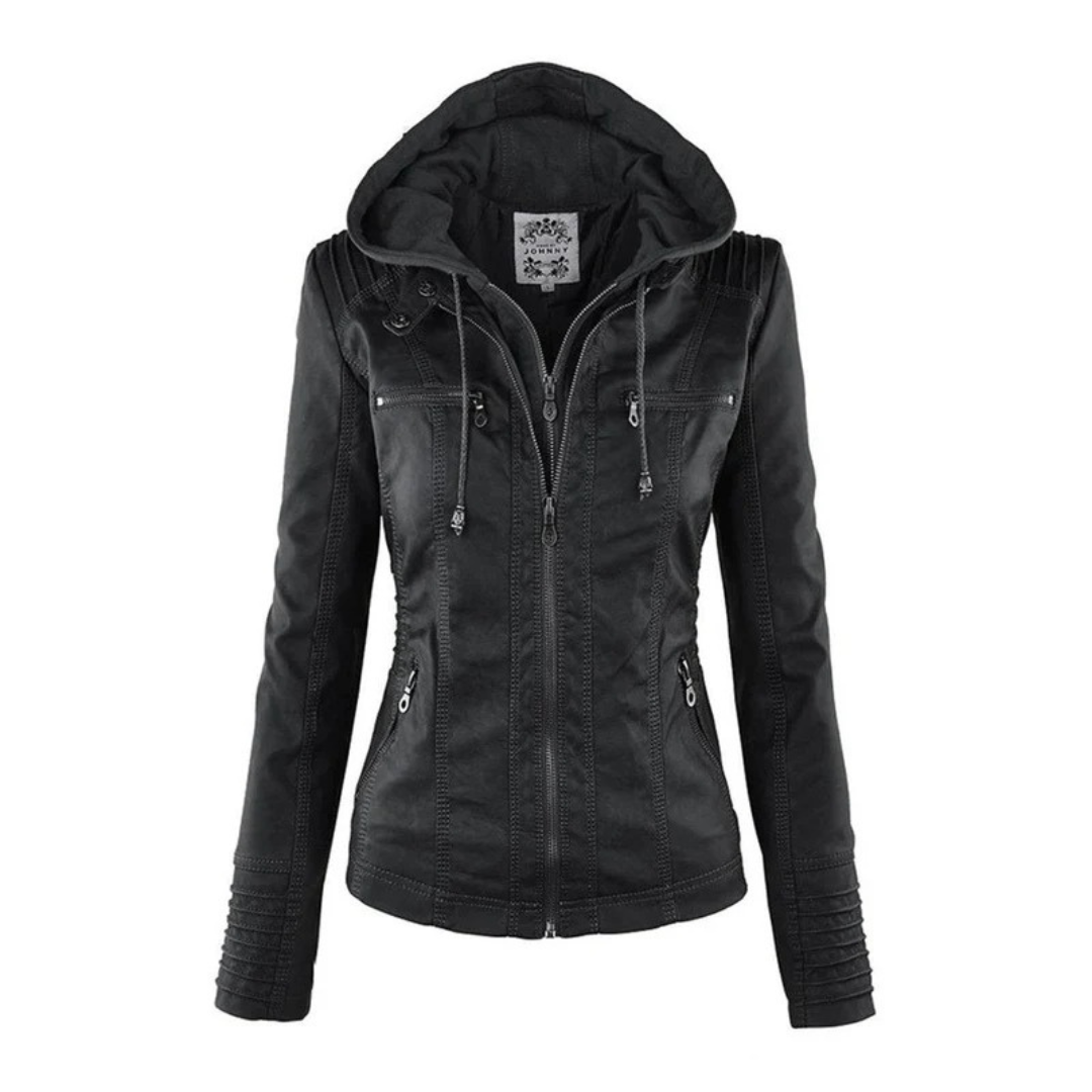 Nadine | Damen Kunstleder Bikerjacke mit Kapuze