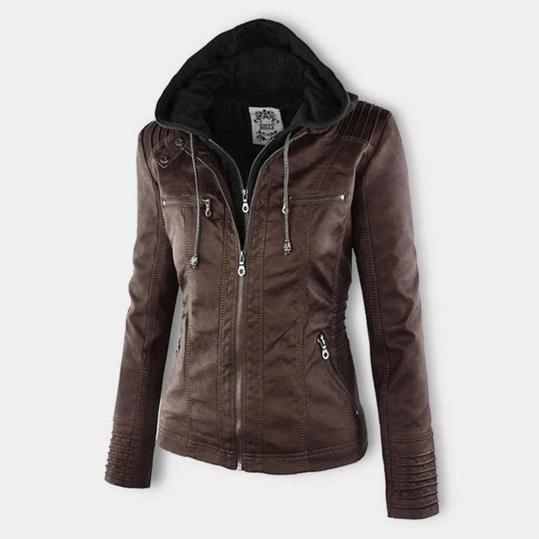 Nadine | Damen Kunstleder Bikerjacke mit Kapuze