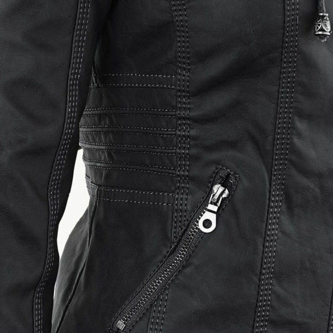 Nadine | Damen Kunstleder Bikerjacke mit Kapuze