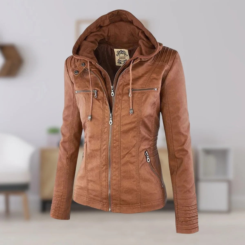 Nadine | Damen Kunstleder Bikerjacke mit Kapuze