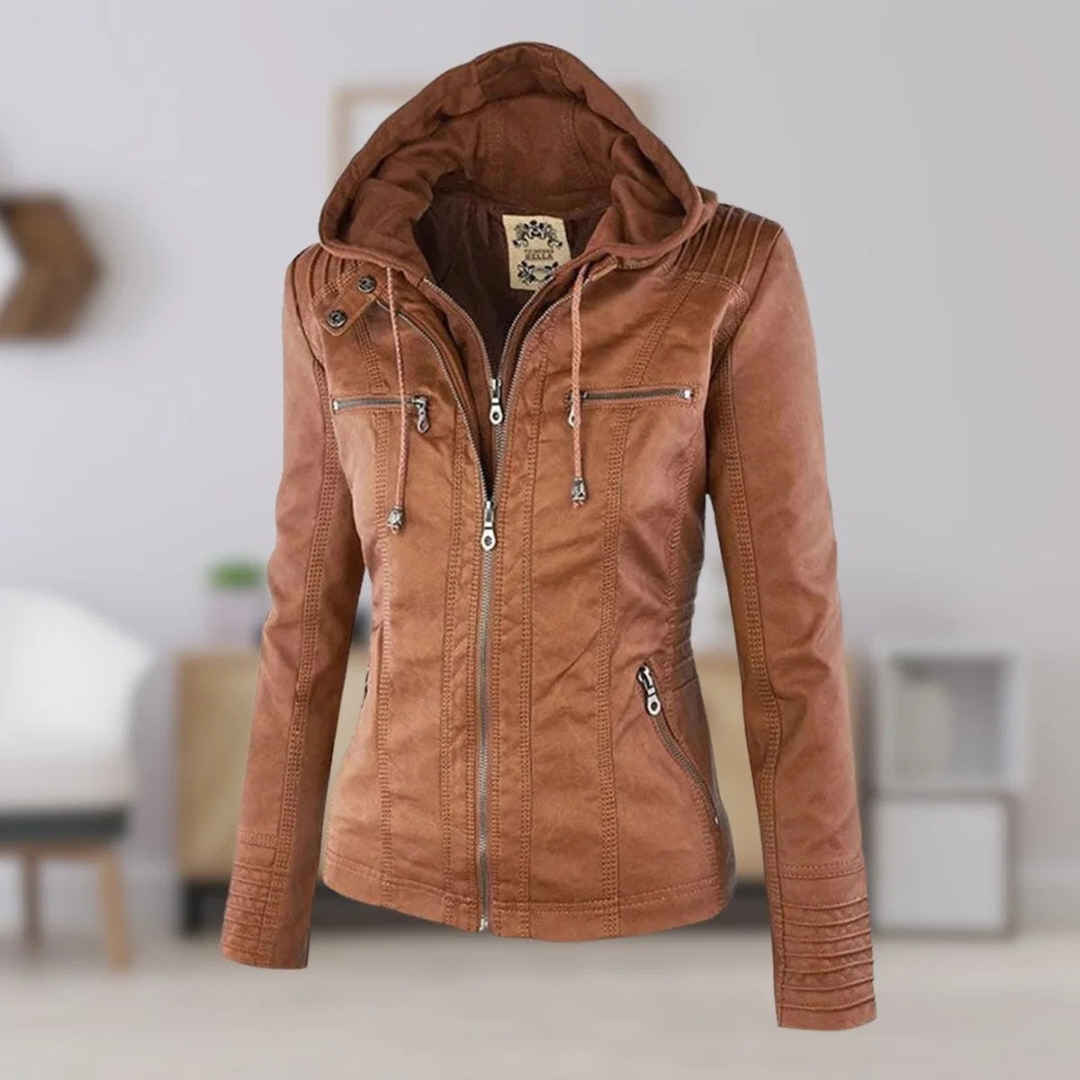 Nadine | Damen Kunstleder Bikerjacke mit Kapuze