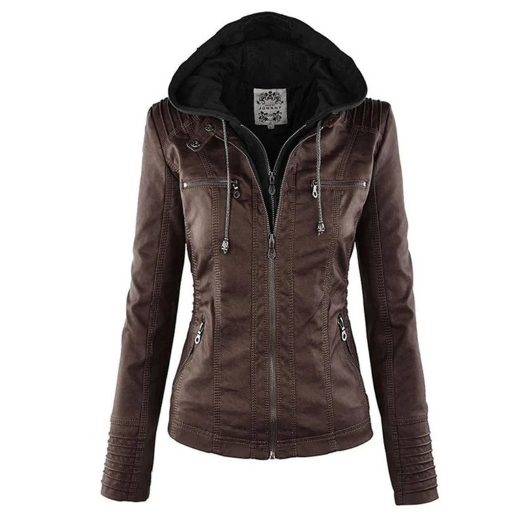 Nadine | Damen Kunstleder Bikerjacke mit Kapuze