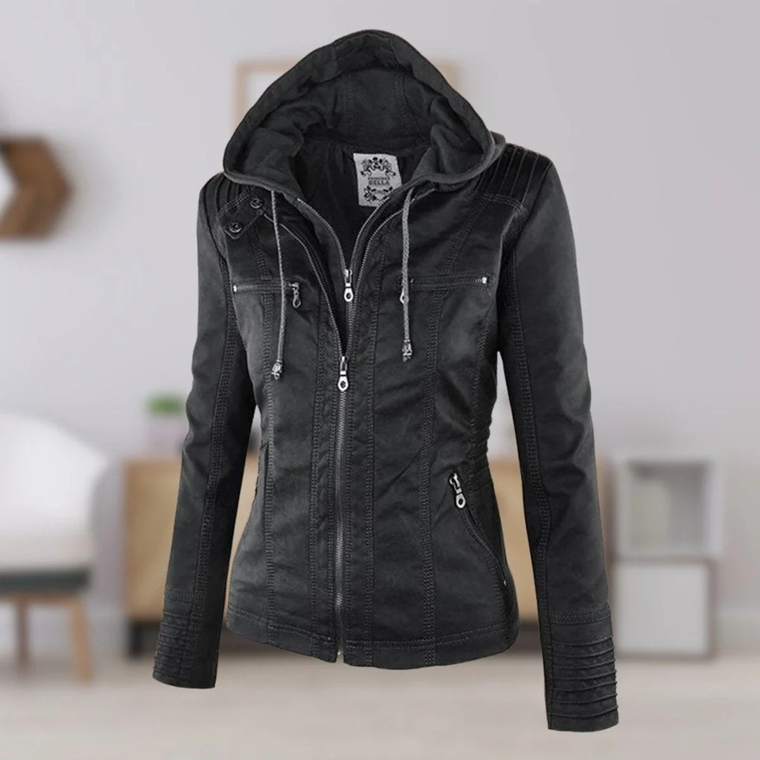 Nadine | Damen Kunstleder Bikerjacke mit Kapuze