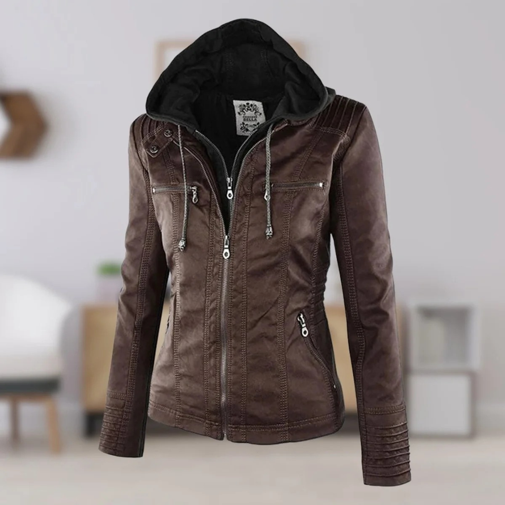 Nadine | Damen Kunstleder Bikerjacke mit Kapuze