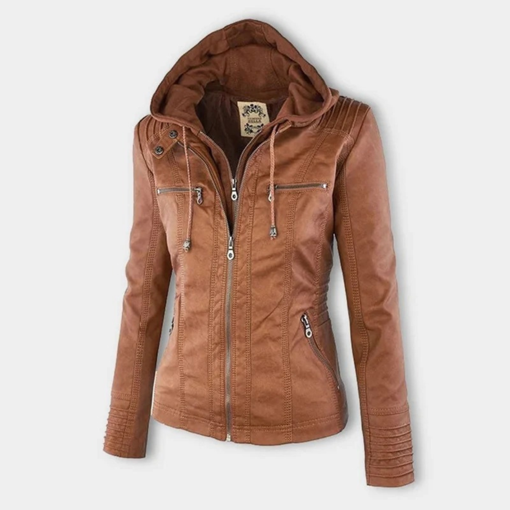Nadine | Damen Kunstleder Bikerjacke mit Kapuze