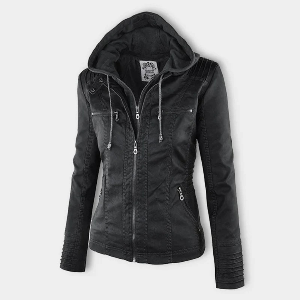 Nadine | Damen Kunstleder Bikerjacke mit Kapuze