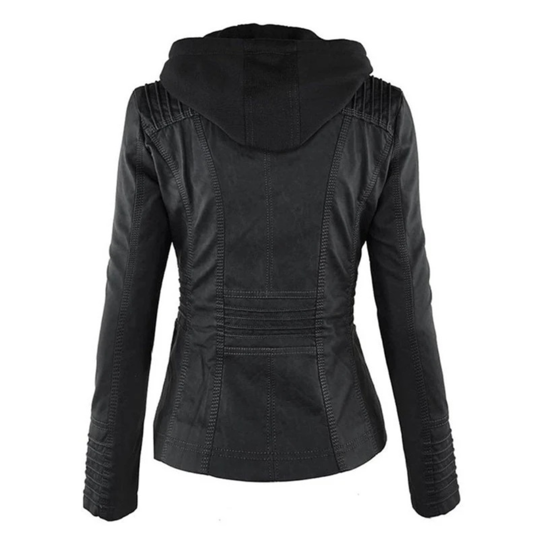 Nadine | Damen Kunstleder Bikerjacke mit Kapuze