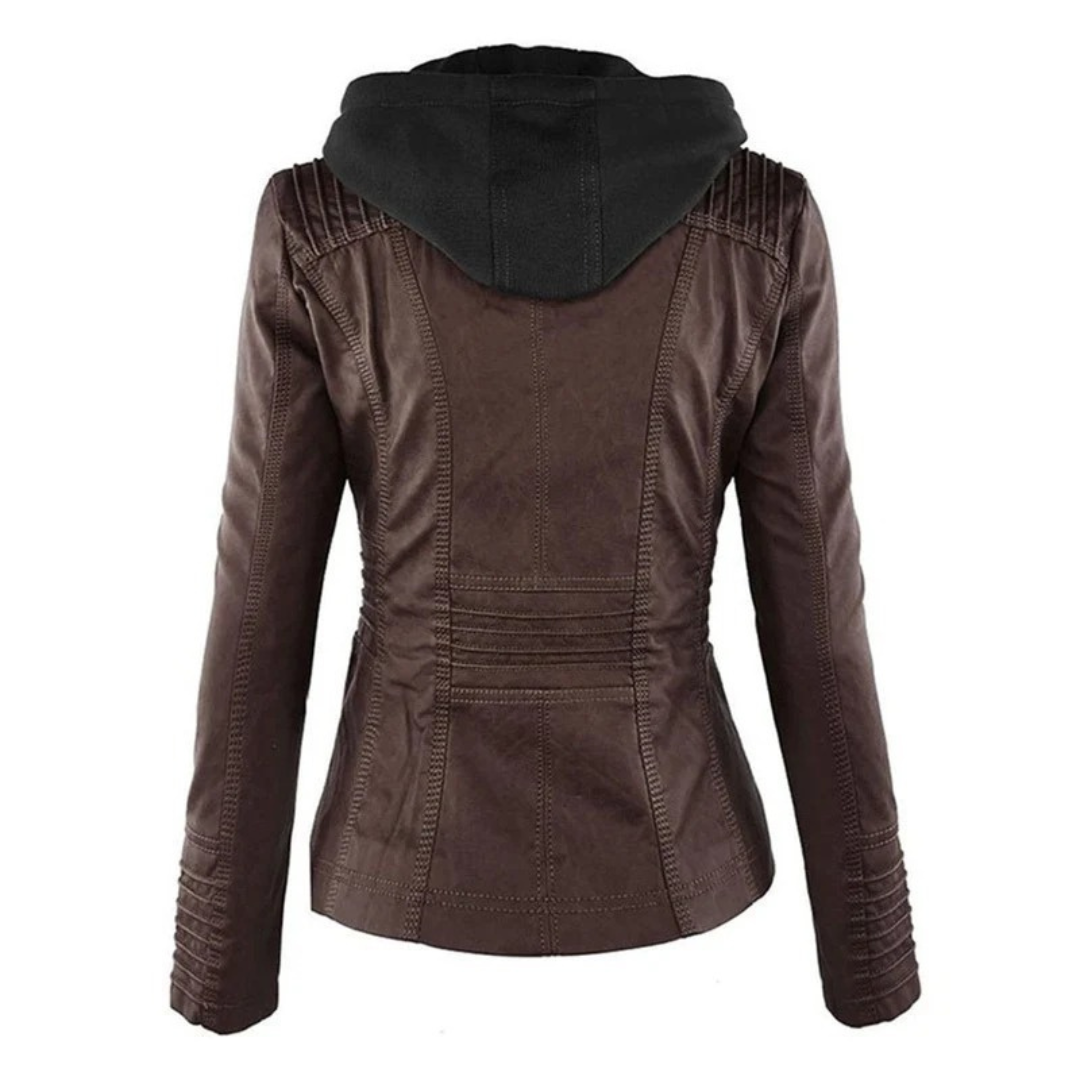 Nadine | Damen Kunstleder Bikerjacke mit Kapuze