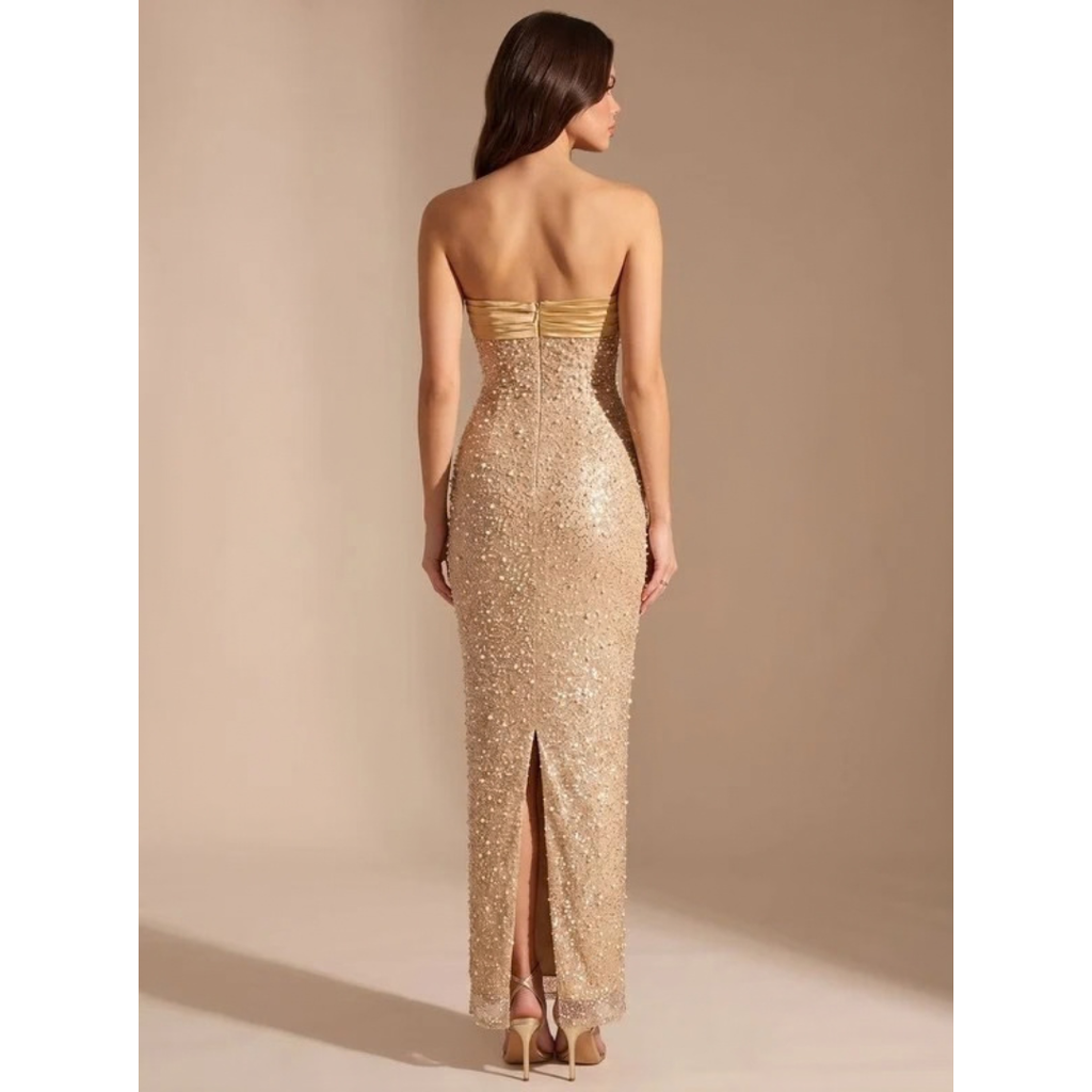Nadine | Damen Maxi Kleid Gold mit Pailletten und besonderem Design