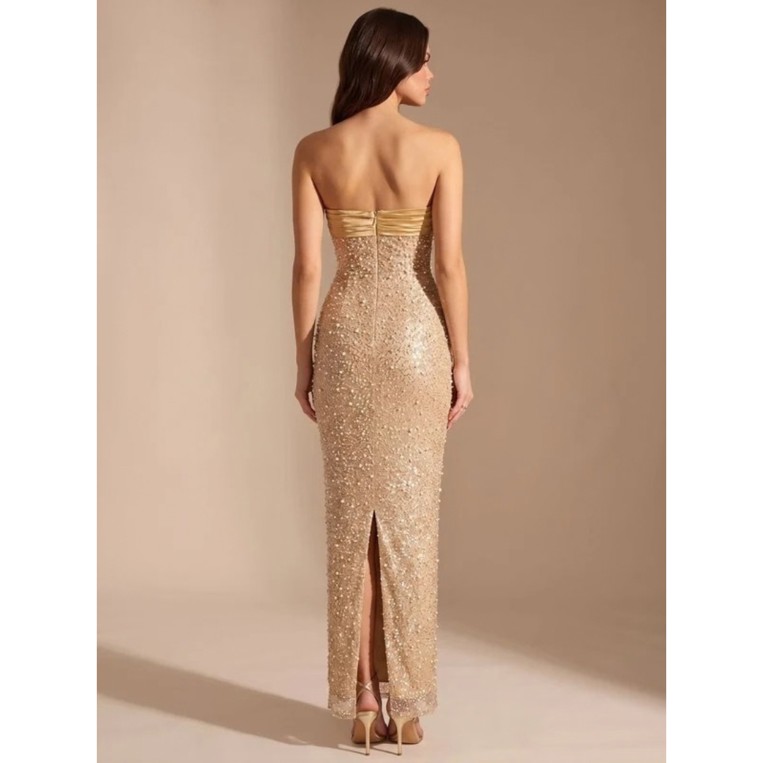 Nadine | Damen Maxi Kleid Gold mit Pailletten und besonderem Design