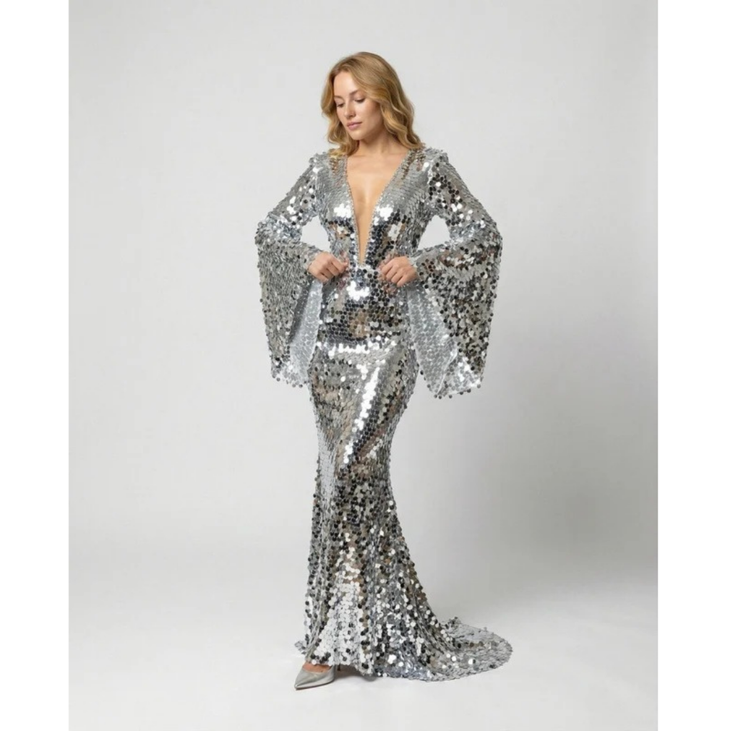 Nadja | Damen Silber Abendkleid Mit Pailletten, Party Design Und Glitzer Effekt