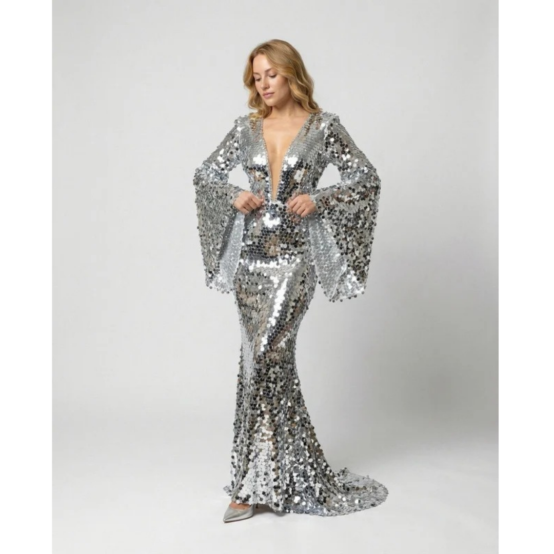 Nadja | Damen Silber Abendkleid Mit Pailletten, Party Design Und Glitzer Effekt