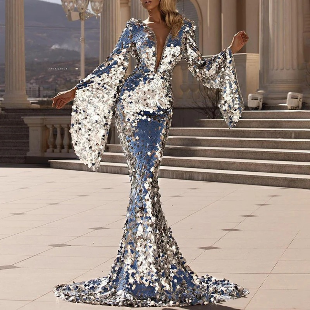Nadja | Damen Silber Abendkleid Mit Pailletten, Party Design Und Glitzer Effekt