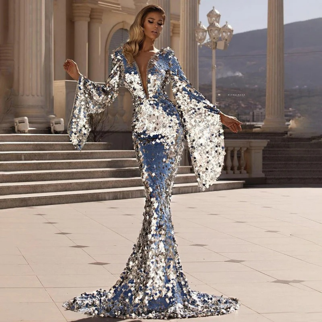 Nadja | Damen Silber Abendkleid Mit Pailletten, Party Design Und Glitzer Effekt