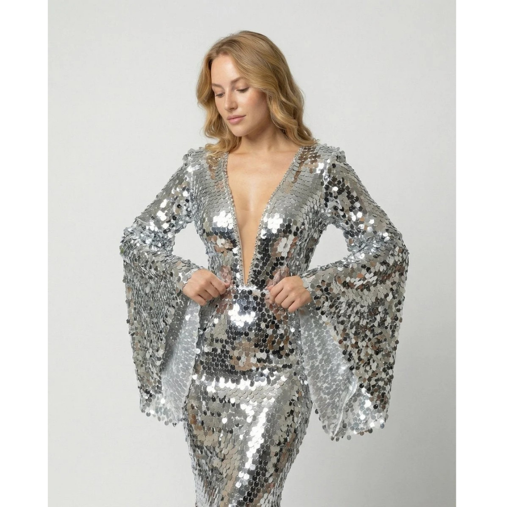 Nadja | Damen Silber Abendkleid Mit Pailletten, Party Design Und Glitzer Effekt