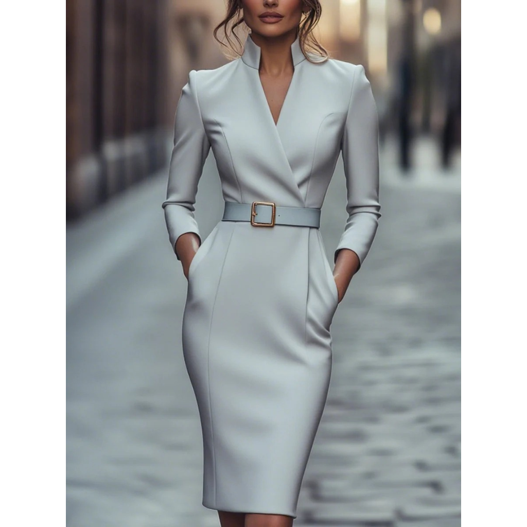 Nathalie | Damen Abendkleid mit Gürtel und Stehkragen