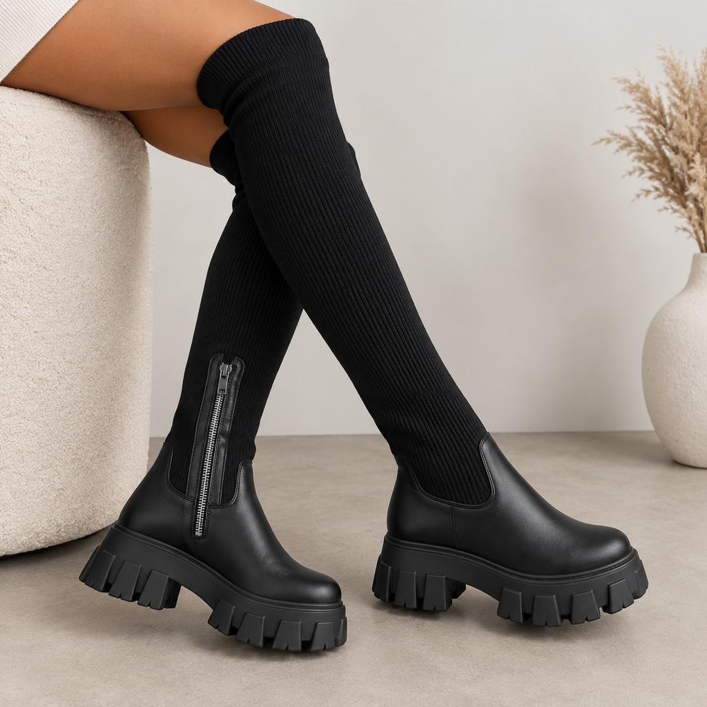Nathalie | Damen Orthopädische Overknee Stiefel Mit Stretch Design Und Plateau Sohle