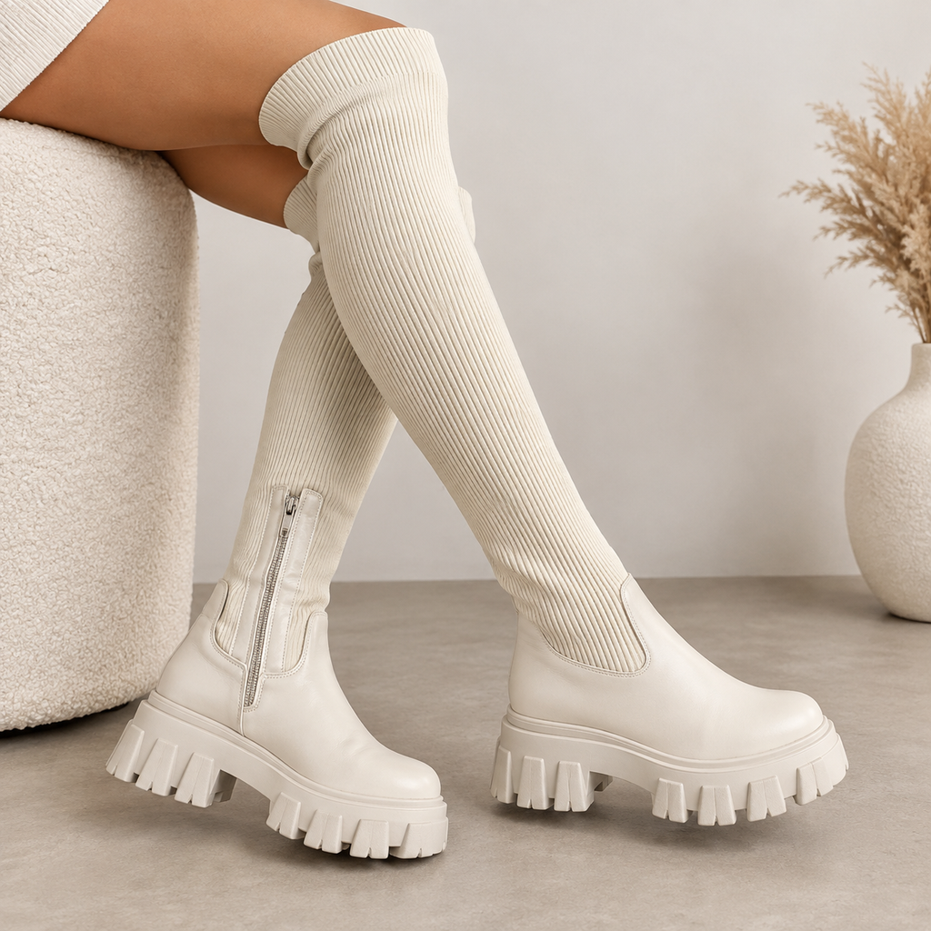 Nathalie | Damen Orthopädische Overknee Stiefel Mit Stretch Design Und Plateau Sohle