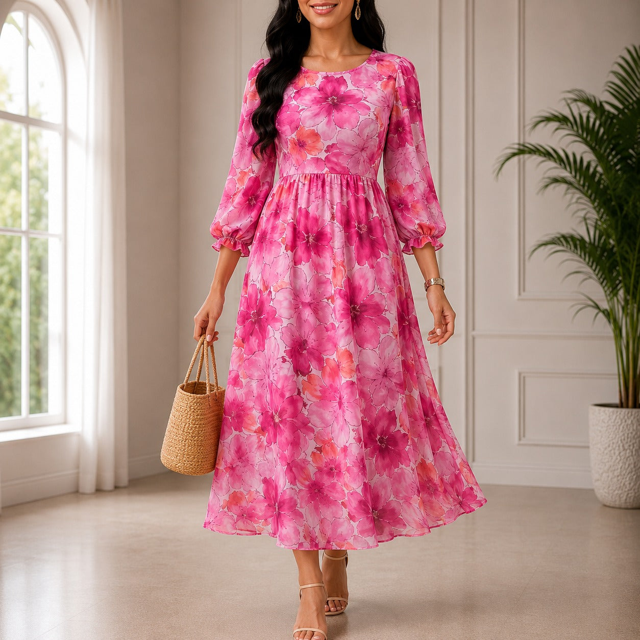 Nayla | Damen Midi Kleid Für Hochzeitsgast Mit Blumenmuster