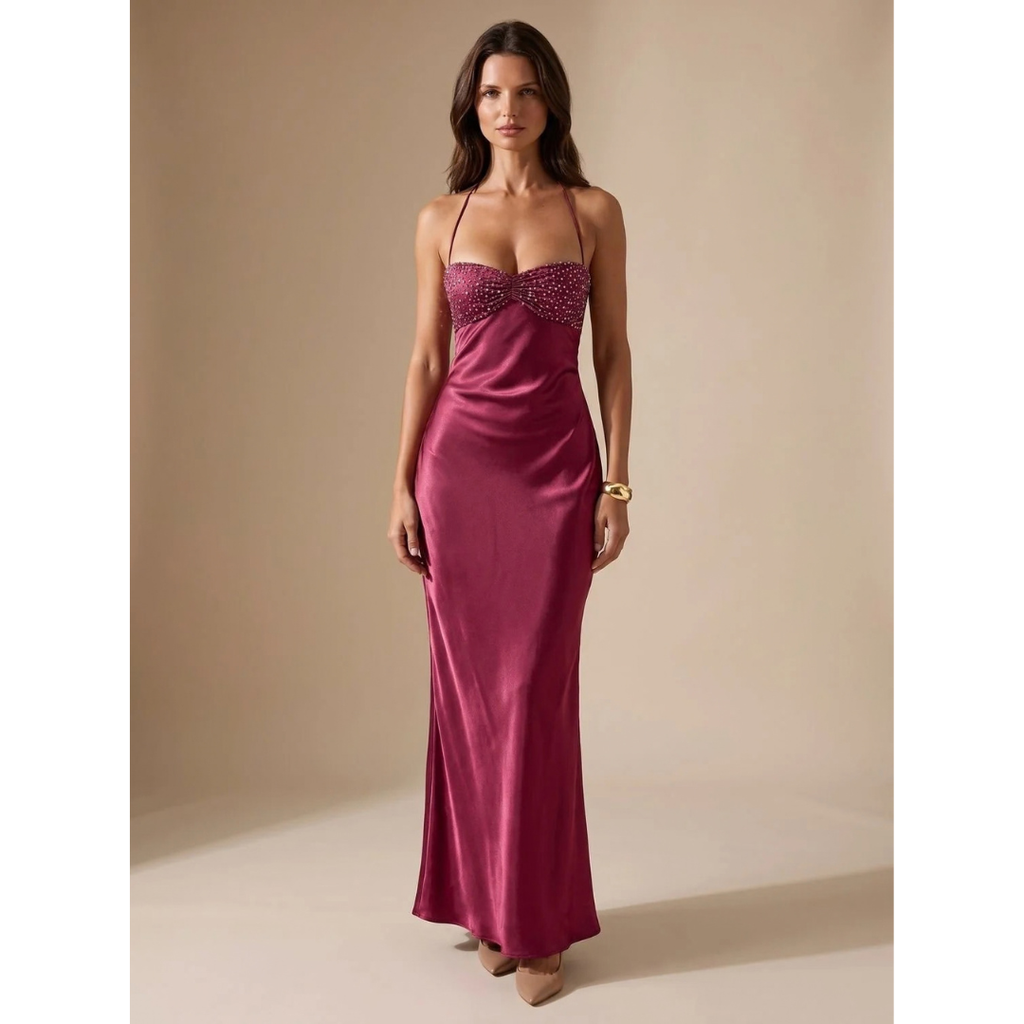 Nele | Damen Maxi Kleid mit Strasssteinen und Neckholder