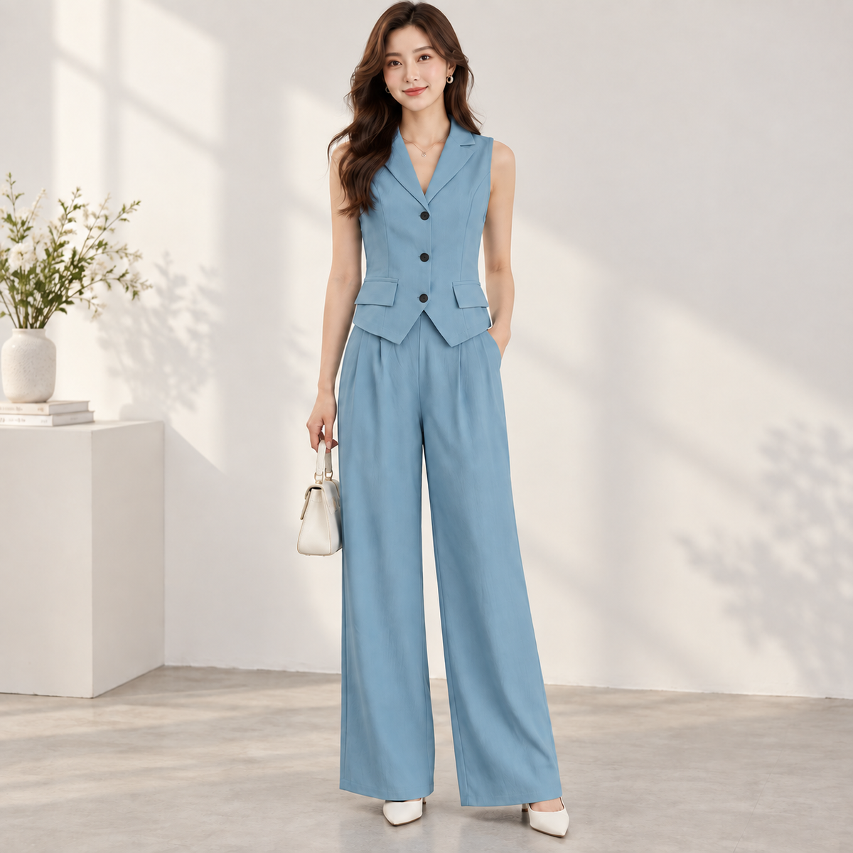 Nele | Damen Rosa Wide-Leg Hose Zweiteiler Mit Blazer