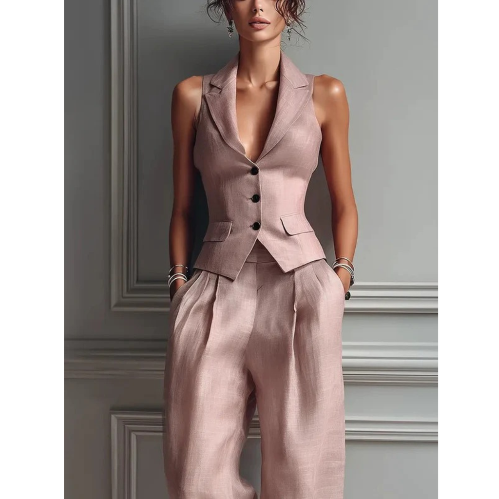 Nele | Damen Rosa Wide-Leg Hose Zweiteiler Mit Blazer