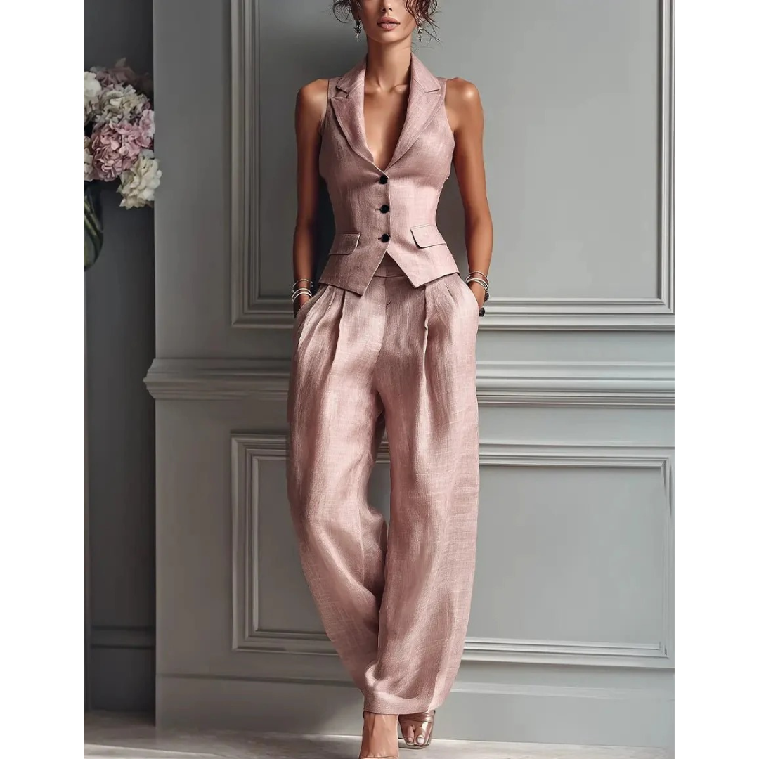 Nele | Damen Rosa Wide-Leg Hose Zweiteiler Mit Blazer