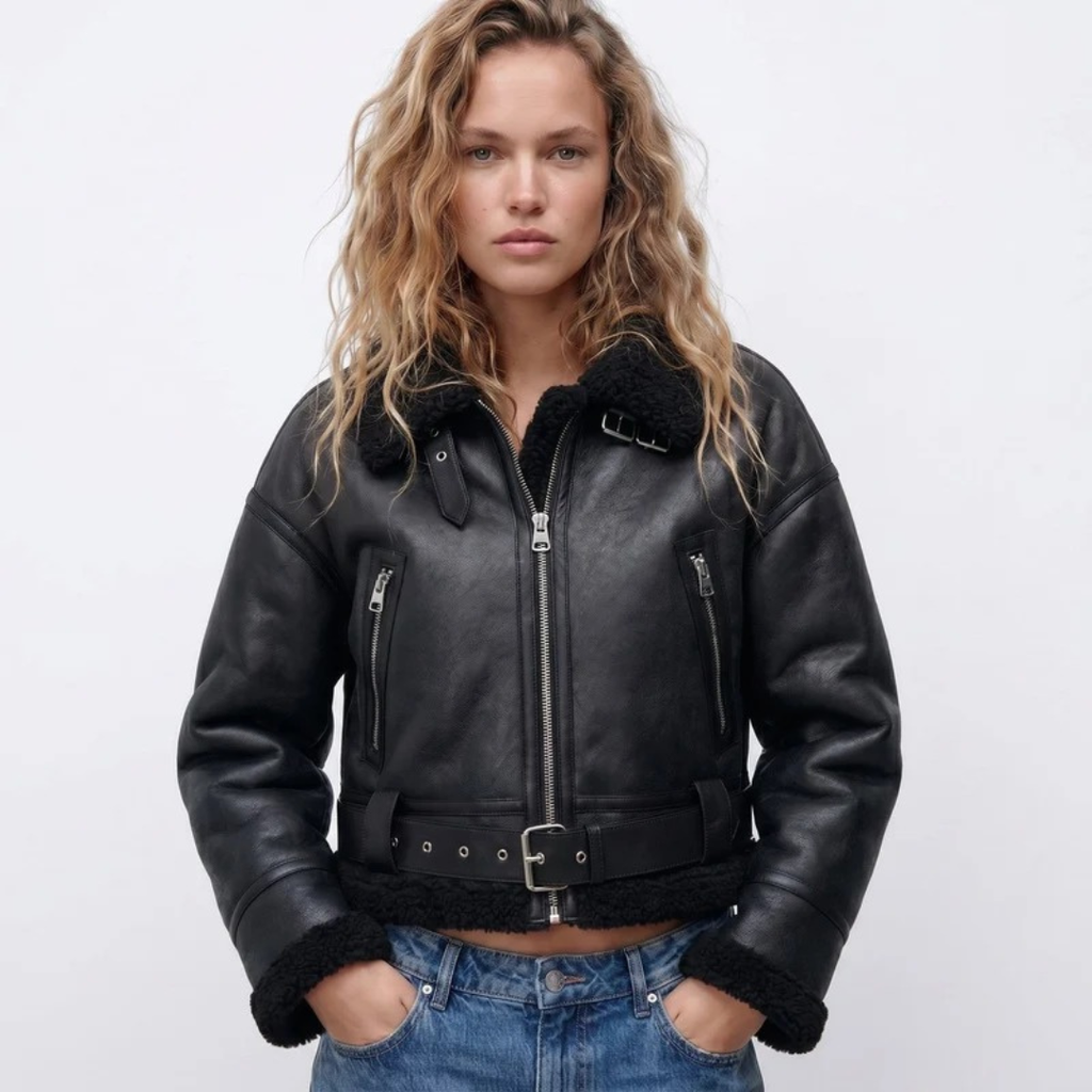 Nele | Damen Warme Lammfell Bomberjacke