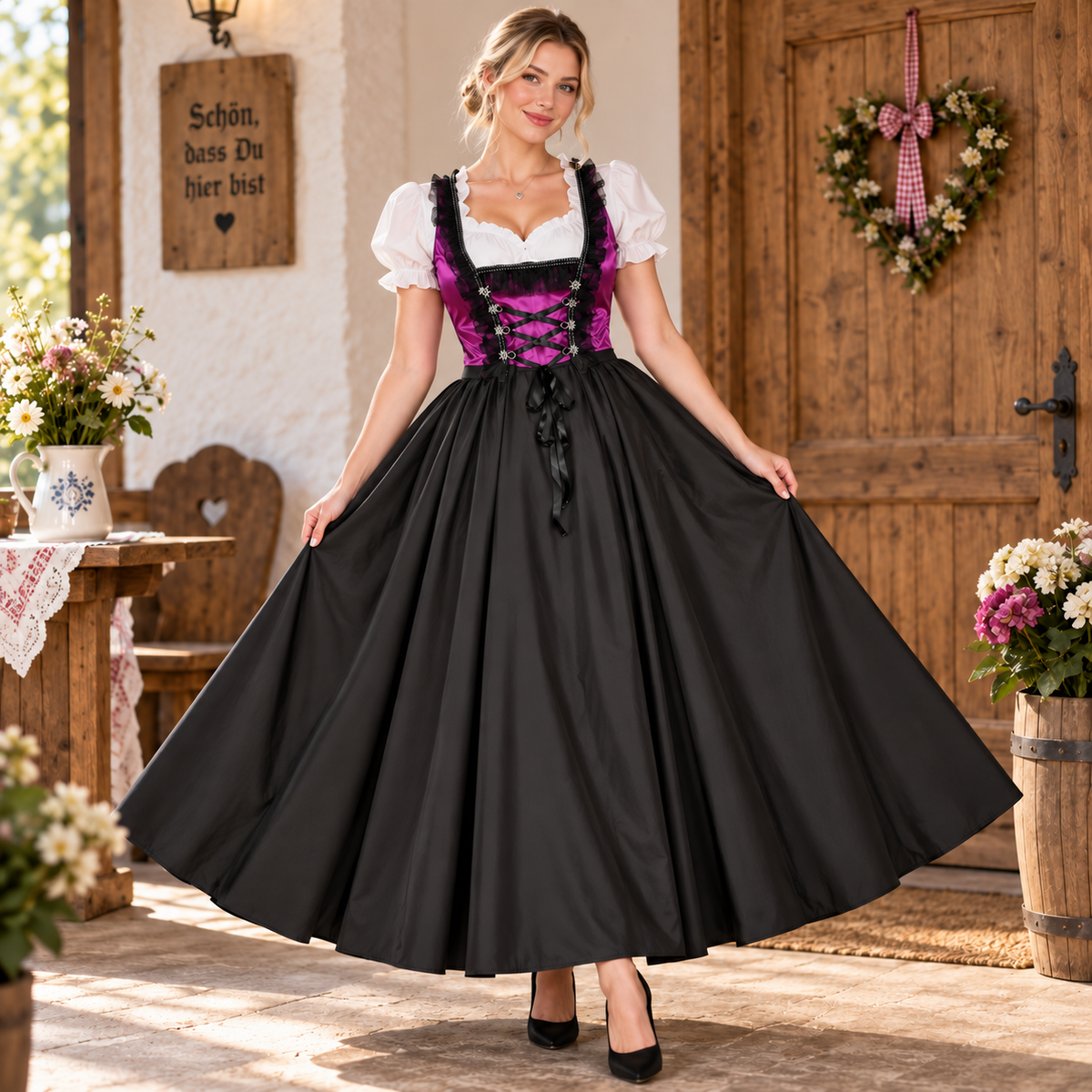 Nicole | Damen Lila Oktoberfest Trachtenkleid mit Schürze
