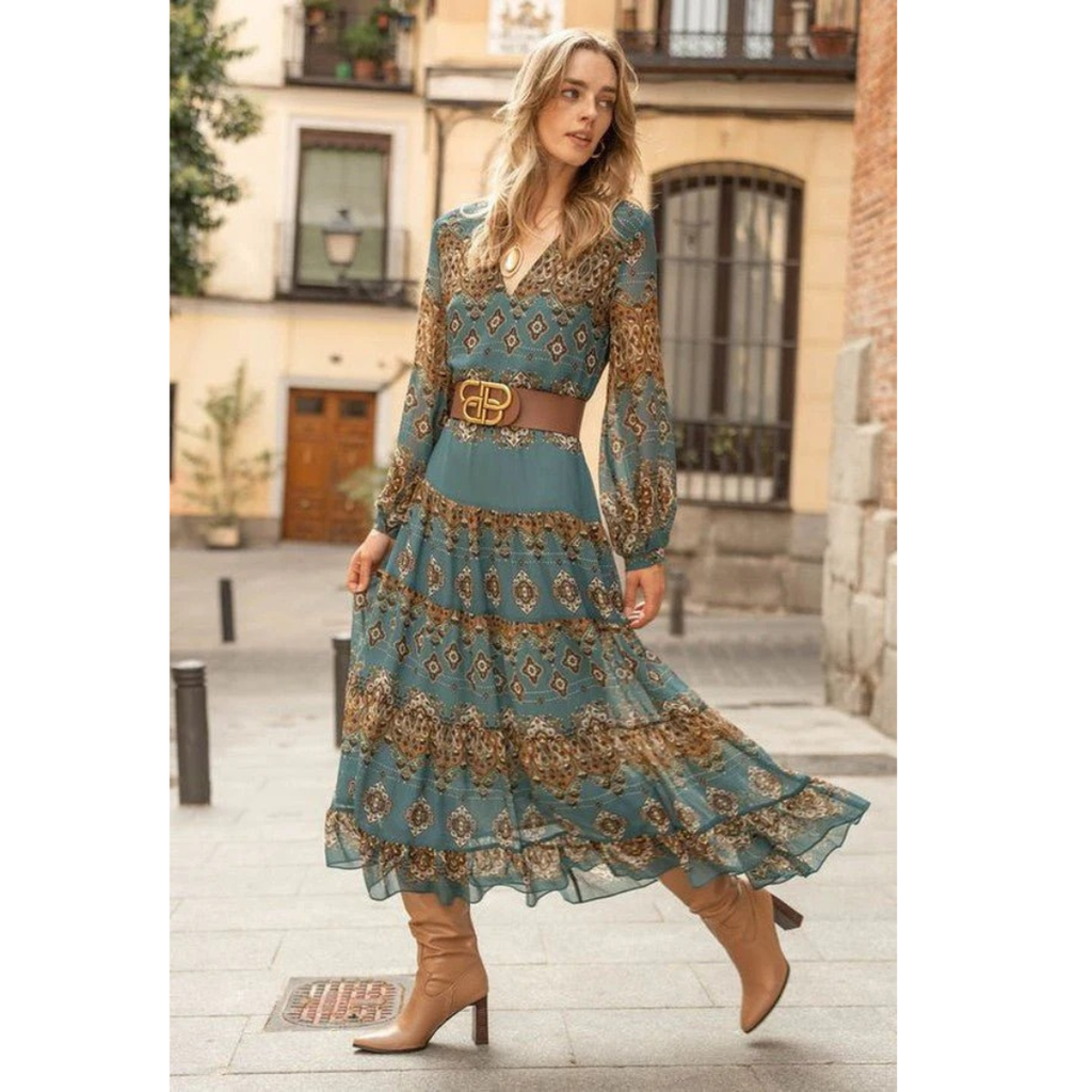 Nora | Damen Grünes Boho Midikleid Mit Puffärmeln