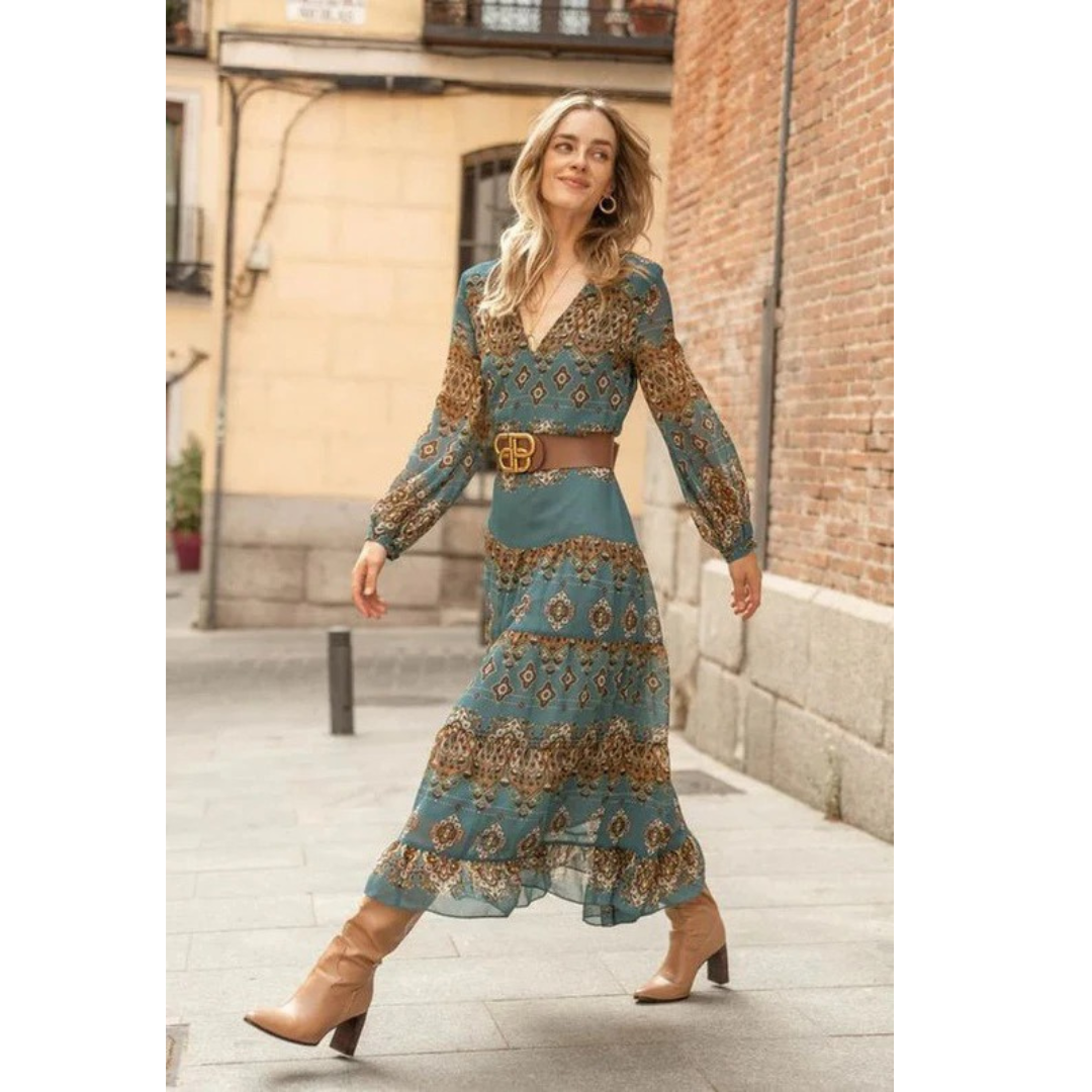 Nora | Damen Grünes Boho Midikleid Mit Puffärmeln