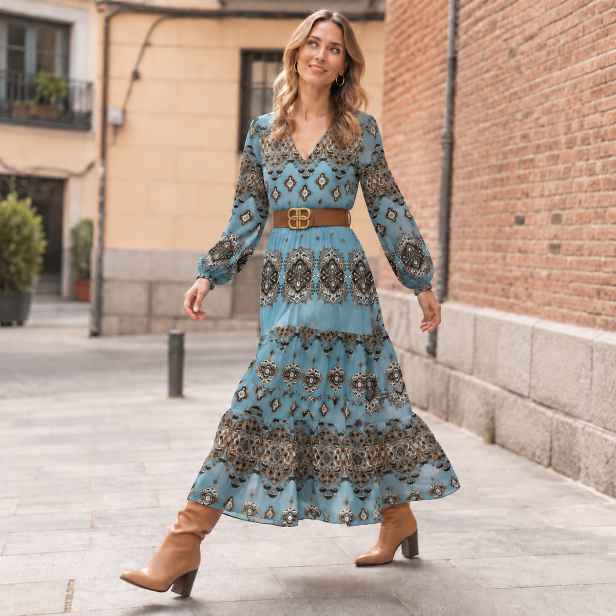 Nora | Damen Grünes Boho Midikleid Mit Puffärmeln