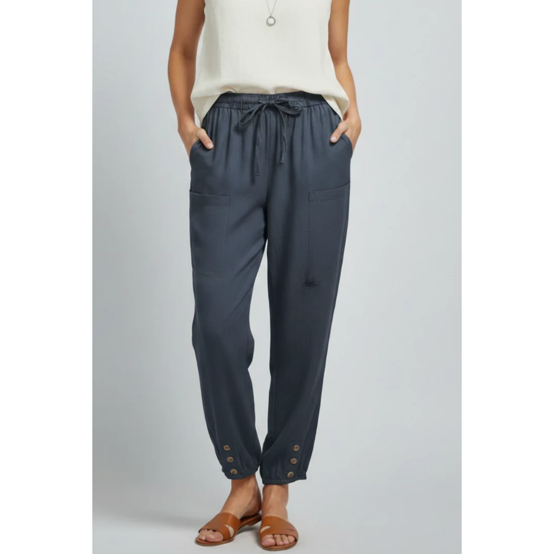 Ida | Damen Stoffhose Mit Kordelzug Und Knopf