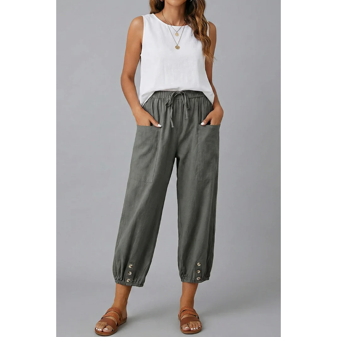 Ida | Damen Stoffhose Mit Kordelzug Und Knopf