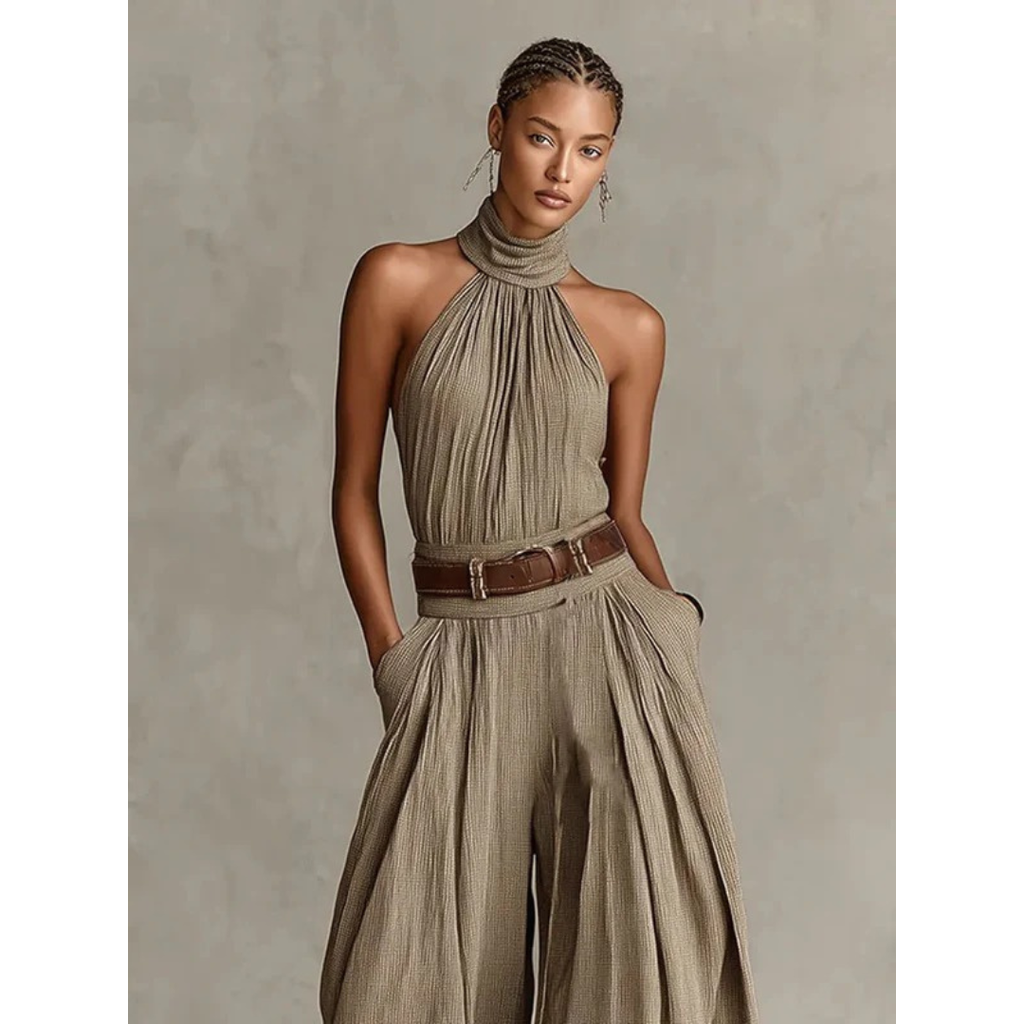 Nuri | Damen Taupe Neckholder Jumpsuit