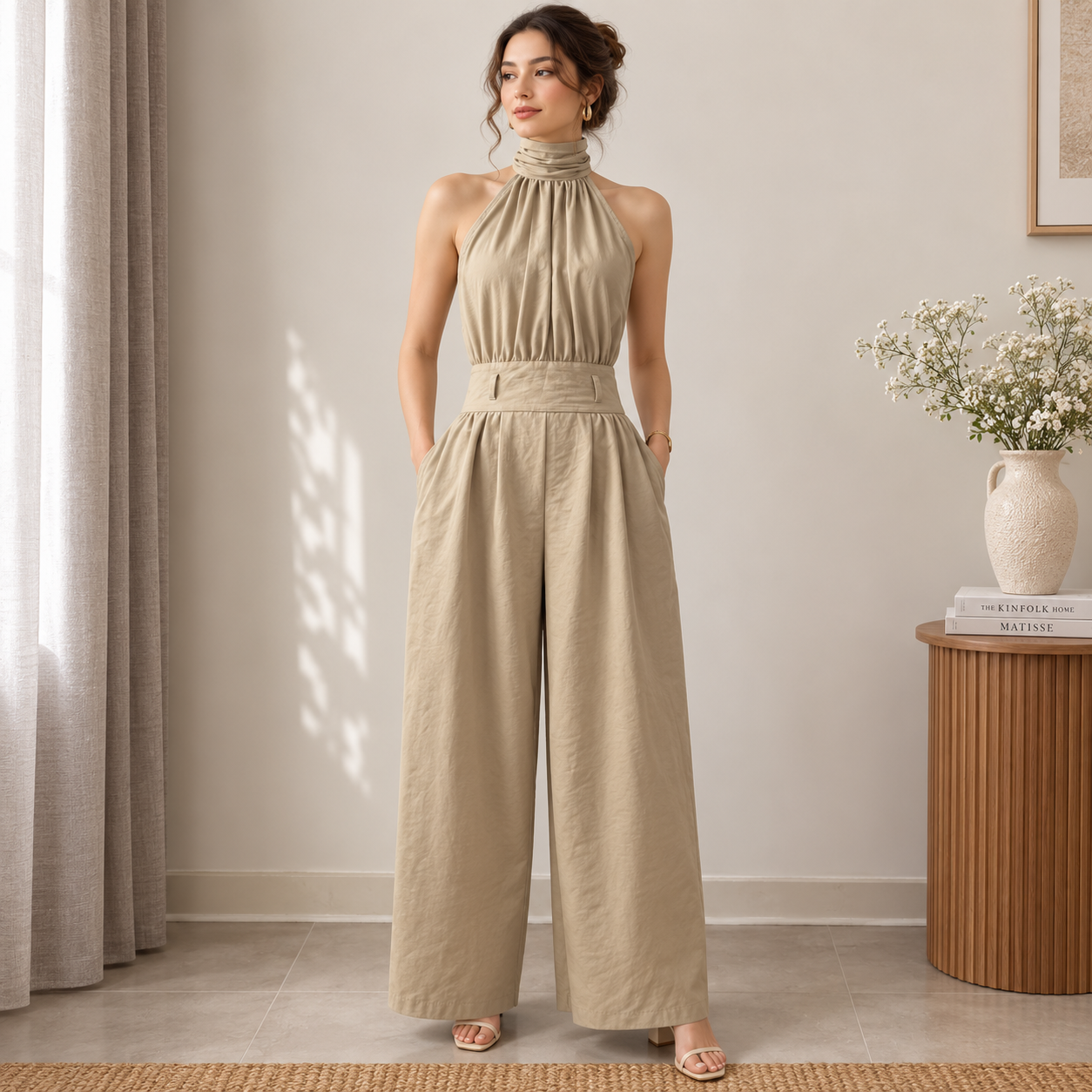 Nuri | Damen Taupe Neckholder Jumpsuit