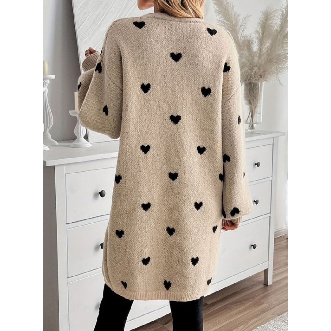 Ophelia | Damen Beige Strickjacke mit Herz Design und offener Front