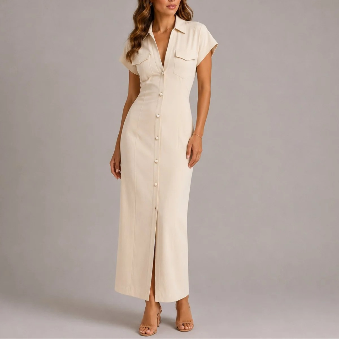 Ottilie | Damen Langes Herbst Maxikleid mit Knopfleiste