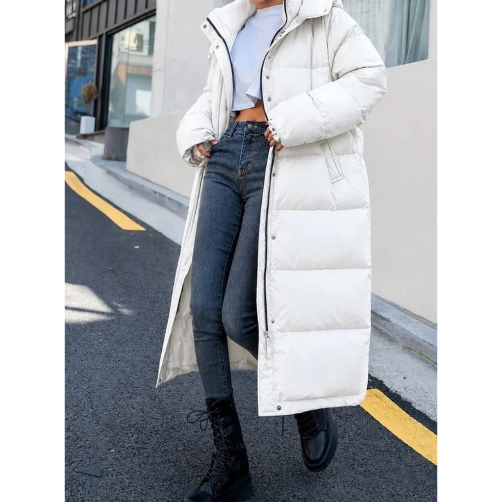 Pauline | Damen Lange Winterjacke mit Kapuze und Reißverschluss