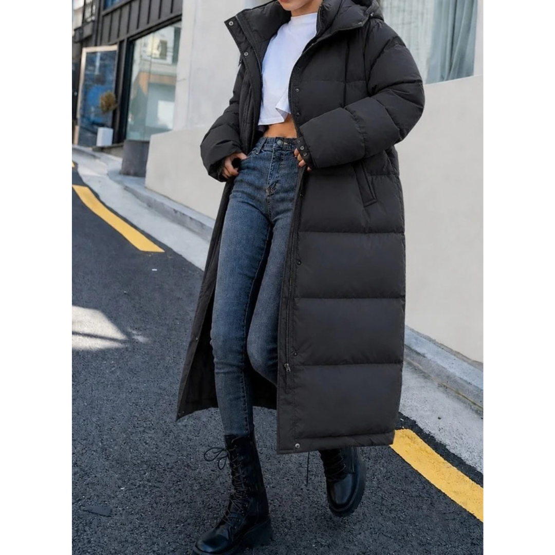 Pauline | Damen Lange Winterjacke mit Kapuze und Reißverschluss