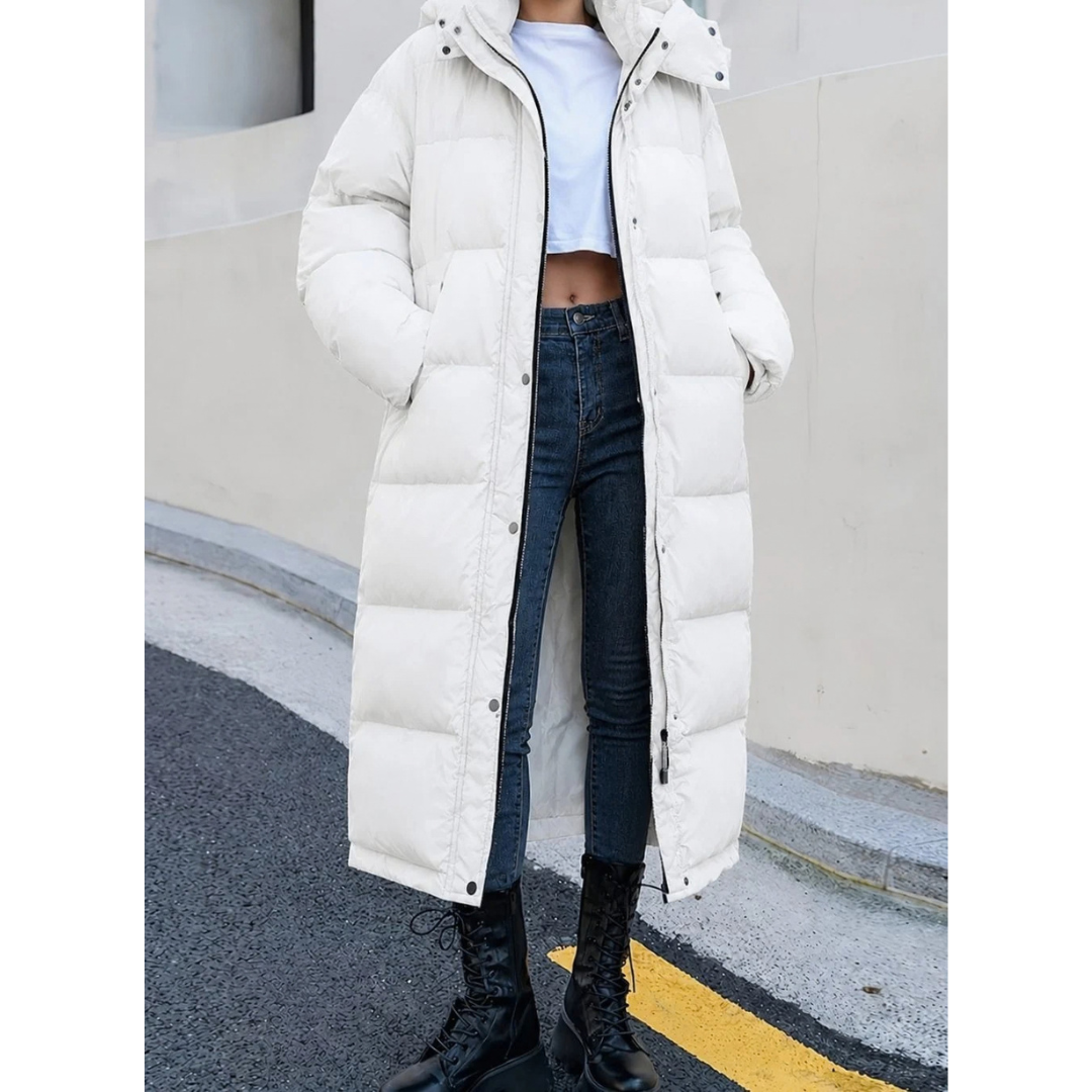 Pauline | Damen Lange Winterjacke mit Kapuze und Reißverschluss