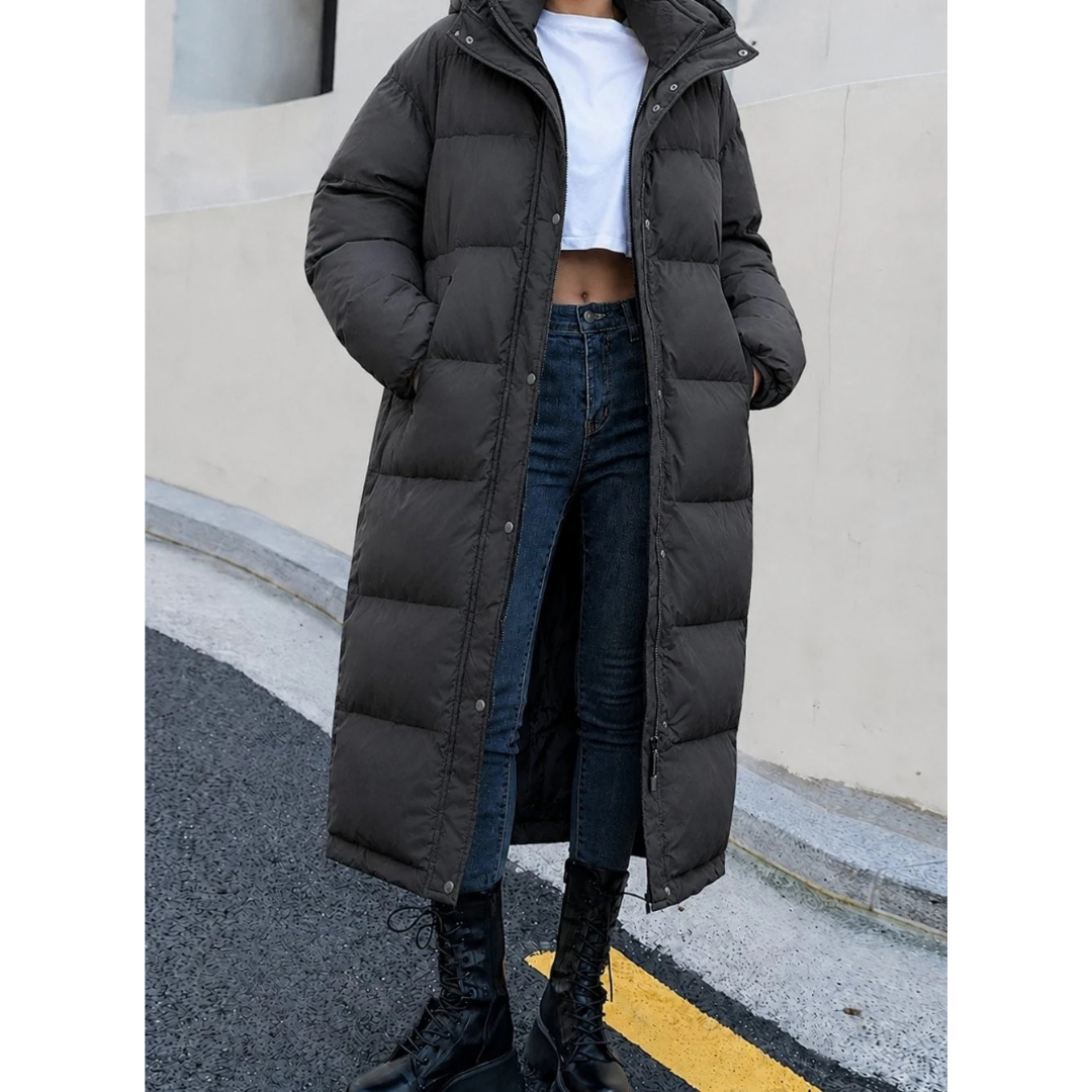 Pauline | Damen Lange Winterjacke mit Kapuze und Reißverschluss